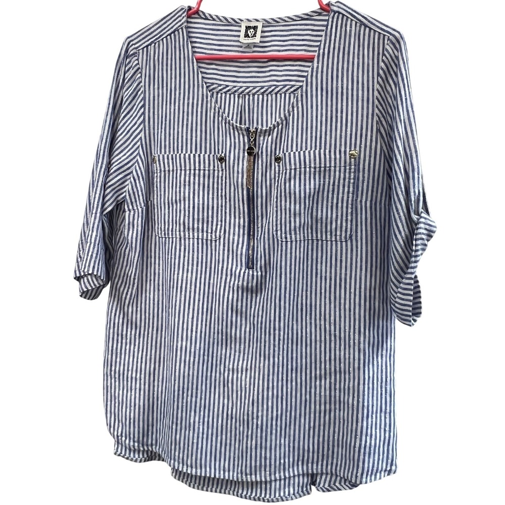 Anne Klein Blue White Striped Linen Blend Zip Front Roll Tab Sleeve Blouse M top